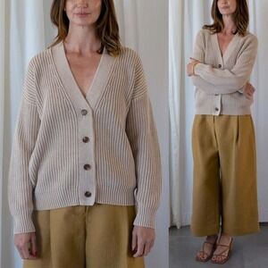 DemyLee New York Cardigan Tan Beige Cotton Rib Knit Brenna Cardigan Sweater M‎